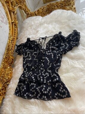 Rebecca Taylor Black Sequin Ruffle Short Sleeve Blouse
